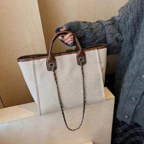 Große Kapazität Canvas Tote Bag Damen Kontrast Lederkante Kettengurt Schulter Handtasche Retro Lässig Büro Reise
