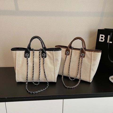 Große Kapazität Canvas Tote Bag Damen Kontrast Lederkante Kettengurt Schulter Handtasche Retro Lässig Büro Reise