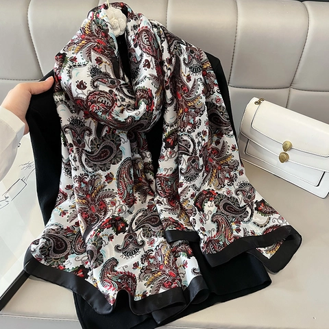 Paisley Druck ImitationsSatin Schal Damen Leicht Atmungsaktiv Ethno Boho Vintage Großer Sonnenschutz Wickel