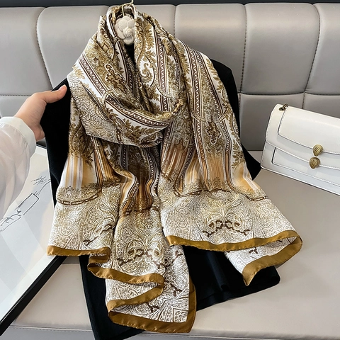 Women Elegant Paisley Print Satin Scarf Shawl Polyester Satin Sunscreen Large Wrap Vintage Baroque Versatile Soft Accessory