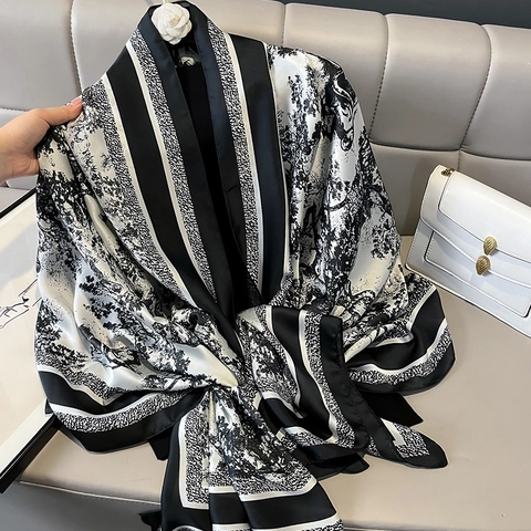 Vintage Toile De Jouy Print Sjaal ImitatieSatijn Grote Rechthoekige Omslagdoek Elegant Lichtgewicht Wrap Voor Dames