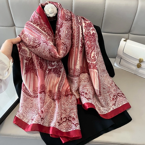 Women Elegant Paisley Print Satin Scarf Shawl Polyester Satin Sunscreen Large Wrap Vintage Baroque Versatile Soft Accessory