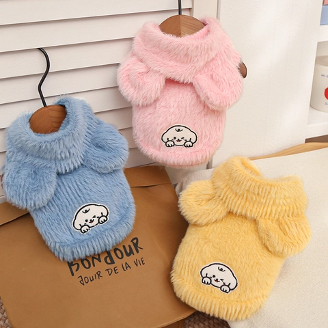 Winter Warm Plush Pet Dog Hoodie With 3D Ears Cute Cartoon Dog Embroidery Thick Mink Velvet Dog Cat Vest Jacket Coat