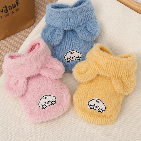 Winter Warm Plush Pet Dog Hoodie With 3D Ears Cute Cartoon Dog Embroidery Thick Mink Velvet Dog Cat Vest Jacket Coat