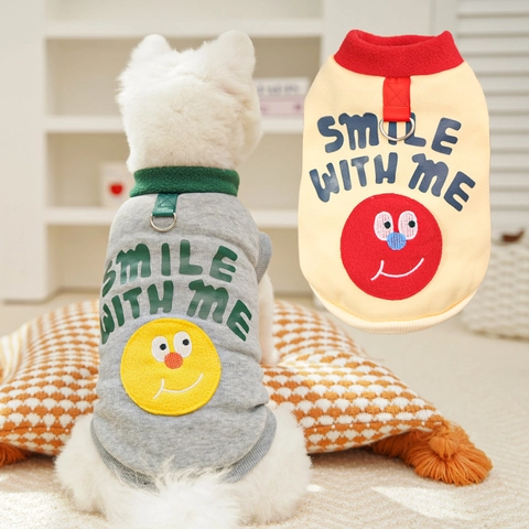 Warm Pet Dog Cat Hoodie Fleece Sweatshirt With D-Ring Leash Hook Smile Face Pattern Contrast Collar Apparel