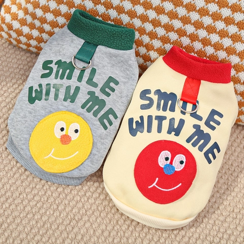 Warm Pet Dog Cat Hoodie Fleece Sweatshirt With D-Ring Leash Hook Smile Face Pattern Contrast Collar Apparel