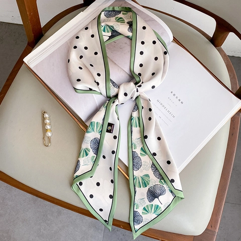 Sciarpa Sottile Stampa Pois Foglie Ginkgo Raso Artificiale Doppia Faccia Cravatta Lunga Per Donna Arredo Borsa
