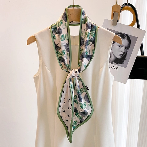 Sciarpa Sottile Stampa Pois Foglie Ginkgo Raso Artificiale Doppia Faccia Cravatta Lunga Per Donna Arredo Borsa