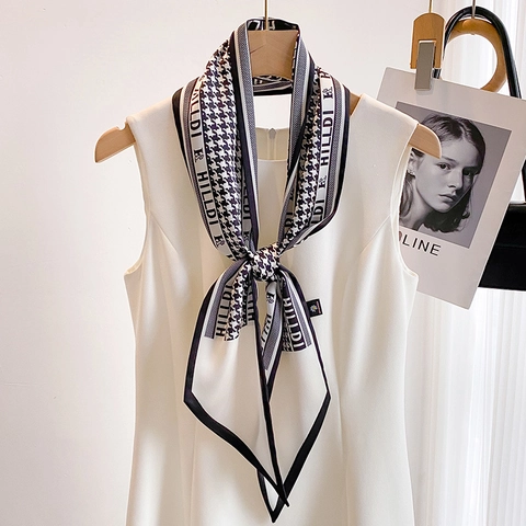 Houndstooth Pattern Long Ribbon Scarf Imitation Satin Polyester French Style Hair Band Bag Accessory Women Elegant Scarf