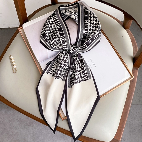 Houndstooth Pattern Long Ribbon Scarf Imitation Satin Polyester French Style Hair Band Bag Accessory Women Elegant Scarf