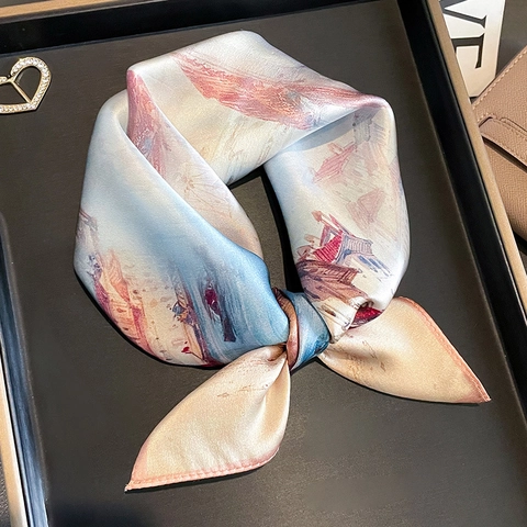 Mulberry Satin Scarf Elegant Architectural Oil Painting Print Satin Square Neck Scarf For Women Office Versatile