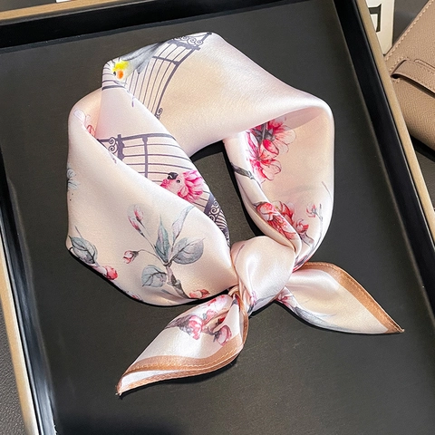 Elegant Women Mulberry Satin Square Scarf Floral Bird Birdcage Print Professional Neckerchief Vintage Fashion Accessory