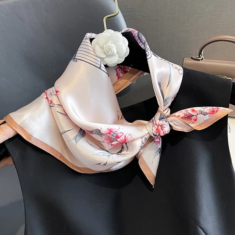 Elegant Women Mulberry Satin Square Scarf Floral Bird Birdcage Print Professional Neckerchief Vintage Fashion Accessory