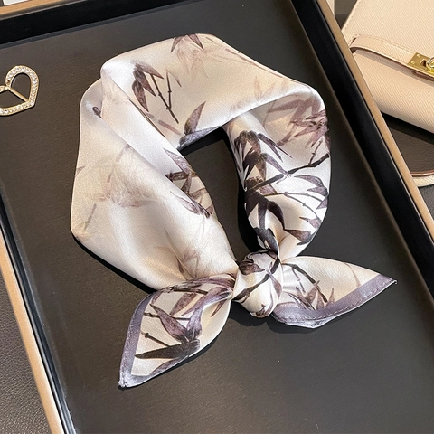 Mulberry Satin Square Scarf Women Elegant Bamboo Leaf Pattern Water Ink Style Sun Protection Lightweight Satin Neck Scarf