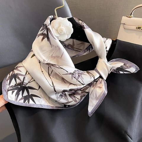 Mulberry Satin Square Scarf Women Elegant Bamboo Leaf Pattern Water Ink Style Sun Protection Lightweight Satin Neck Scarf