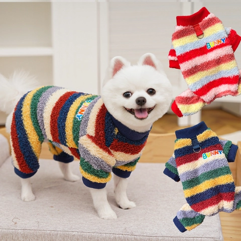 Tuta Gilet Per Cani Gatti In Pile Ispessito Strisce Arcobaleno Ricamo Animale Con Anello A D In Metallo Per Guinzaglio Inverno