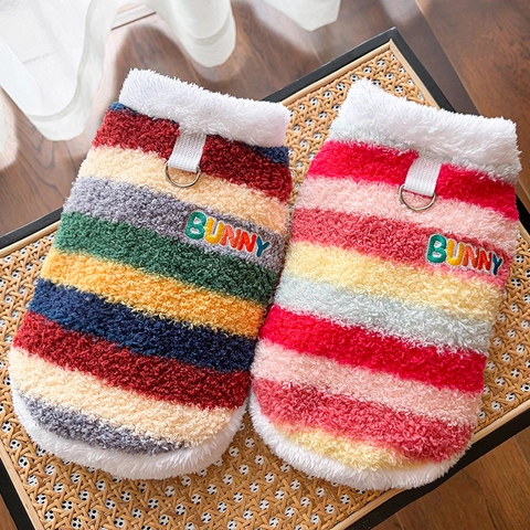 Rainbow Striped Fleece Dog Vest Pet Sweater With D-Ring Harness Winter Warm Puppy Clothes For Small Medium Large Dogs Cats