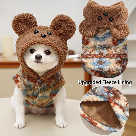 Maglione Per Cani Animali Domestici Inverno Caldo Felpa Con Cappuccio Pile Design Orsetto Motivo Etnico Cappotto Gatti