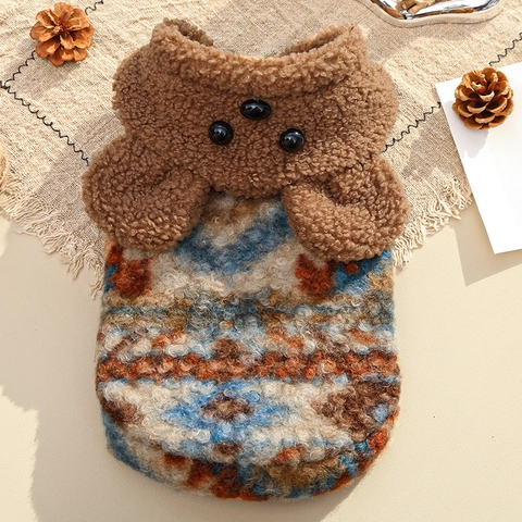 Maglione Per Cani Animali Domestici Inverno Caldo Felpa Con Cappuccio Pile Design Orsetto Motivo Etnico Cappotto Gatti