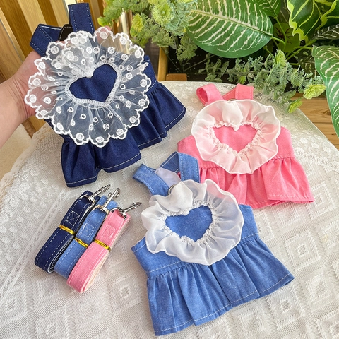 Pettorina E Guinzaglio Per Vestito Da Animale Domestico In Denim Con Pizzo A Cuore Per Cani Gatti Piccoli Medi Abbigliamento