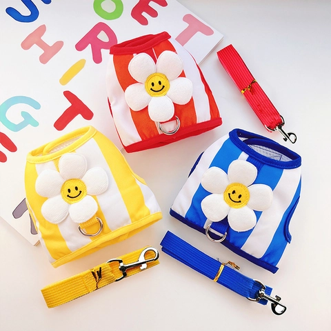 Pet Harness And Leash Striped Acrylic Breathable Mesh Sunflower Smile Cute For Small Dogs Cats