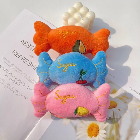 Candy Shape Plush Pet Squeaky Toy Fruit Embroidery Sugar Lettering Bite Resistant Soft For Dogs Cats Puppies Novelty