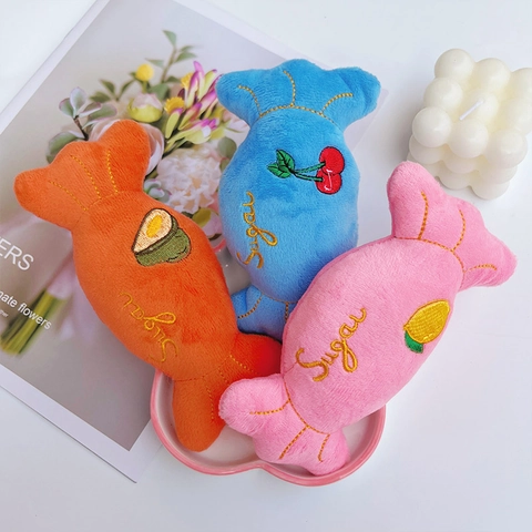 Candy Shape Plush Pet Squeaky Toy Fruit Embroidery Sugar Lettering Bite Resistant Soft For Dogs Cats Puppies Novelty
