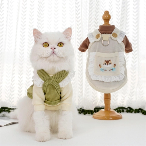 Haustier Hund Katze Waffelstrick Weste Kleid Mit D-Ring Eichhörnchen Stickerei Spitzenbesatz Pastoraler Stil Kleintier Geschirr Kleidung