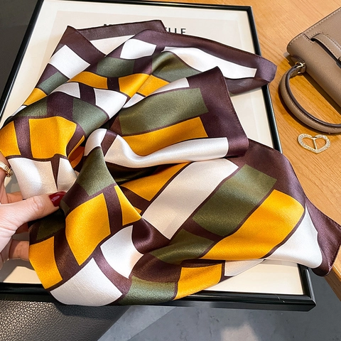 Pañuelo Cuadrado De Satén De Mora Geométrico Bloque De Color Satén Pañuelo De Cuello Retro Elegante Mujer