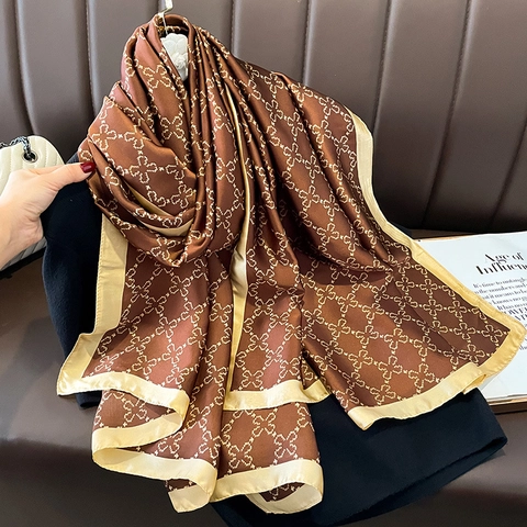Women Imitation Satin Scarf Sun Protection Lightweight Shawl Floral Clover Printed Fashion Wrap Summer Soft Satiny Accessory