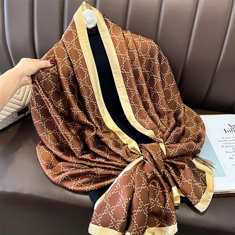 Women Imitation Satin Scarf Sun Protection Lightweight Shawl Floral Clover Printed Fashion Wrap Summer Soft Satiny Accessory