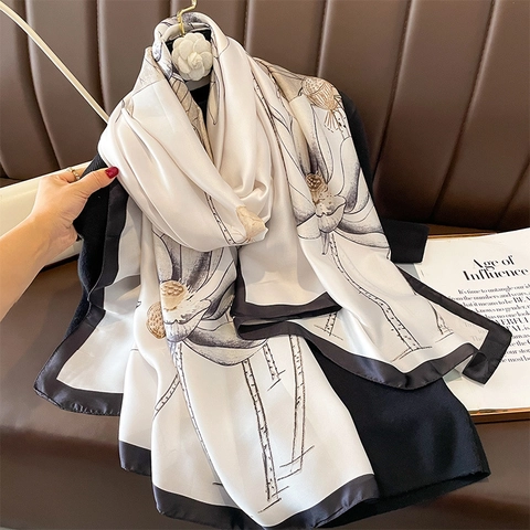 Eleganter Polyester-Schal Mit Lotus-Print Satinnimitat Schal Leicht Sonnenschutz Strand Cover Up Vintage Kontrastrand