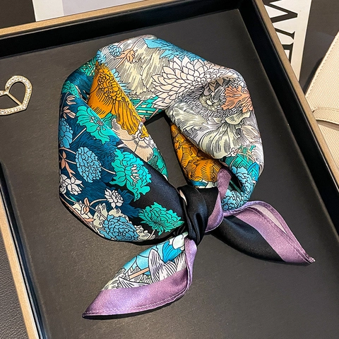Mulberry Silk Small Square Scarf For Women Vintage Floral Horse Print Digital Printing Satin Silk Neckerchief Hair Band Handbag Accessory