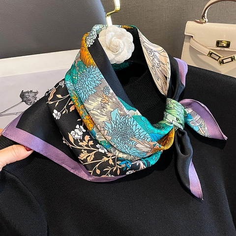 Mulberry Silk Small Square Scarf For Women Vintage Floral Horse Print Digital Printing Satin Silk Neckerchief Hair Band Handbag Accessory