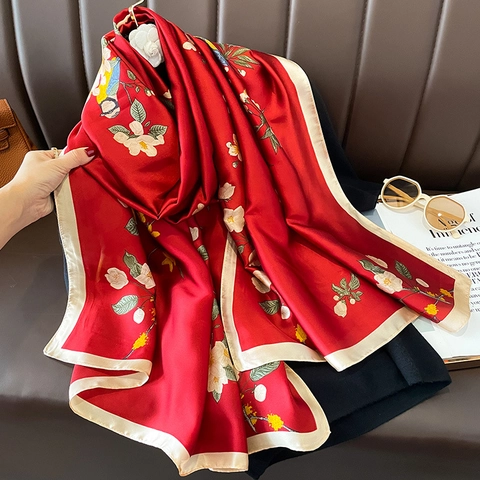 Langer Schal Stola Damen Satinnimitat Elegant Blumen Vogel Druck Satin Glanz Weich Vielseitig Accessoire