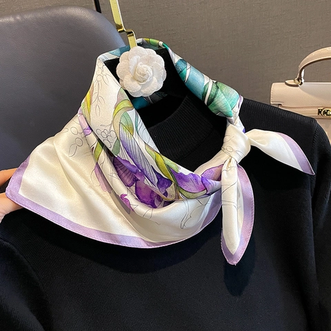 Vintage Iris Floral Print Mulberry Satin Square Scarf Elegant Neck Kerchief For Women Lightweight Satiny Headscarf