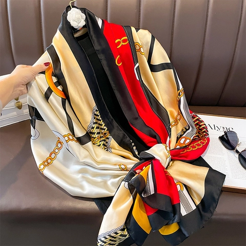 KunstSatin Schal Damen Groß Geometrischer Kettendruck Sonnenschutz Leichtes Elegantes Umschlagtuch