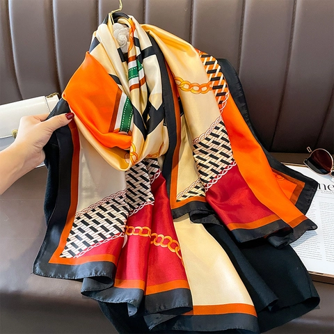 KunstSatin Schal Damen Groß Geometrischer Kettendruck Sonnenschutz Leichtes Elegantes Umschlagtuch