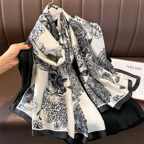 Elegante Scialle Sciarpa Con Stampa Floreale Raso Sintetica Satin Retrò Leggero Protezione Solare Grande Avvolgente Per Donna