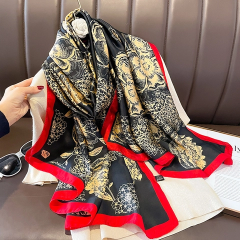 Elegante Scialle Sciarpa Con Stampa Floreale Raso Sintetica Satin Retrò Leggero Protezione Solare Grande Avvolgente Per Donna