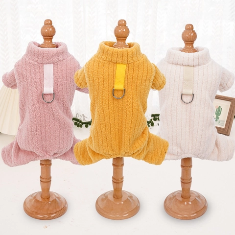 Pet Jumpsuit Ribbed Flannel Winter Warm Dog Pajamas With Leash D-Ring High Collar For Small Dogs Cats