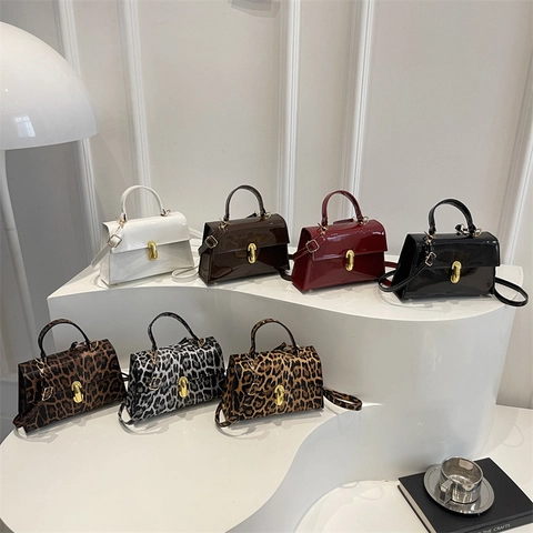 Women Vintage Patent Leather Leopard Print Shoulder Bag Fashion Square Crossbody Handbag With Gold Hardware Rotary Lock Purse