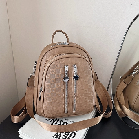 Sac À Dos De Mode Pour Femmes En Cuir PU Gaufré À Carreaux Multi Fermetures Éclair Sac À Bandoulière Décontracté