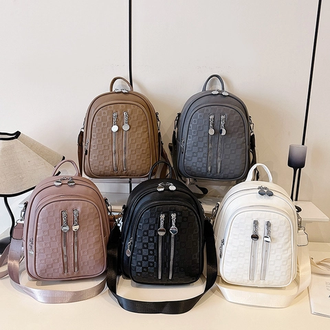 Sac À Dos De Mode Pour Femmes En Cuir PU Gaufré À Carreaux Multi Fermetures Éclair Sac À Bandoulière Décontracté