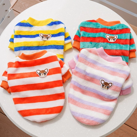 Maglione Per Animali Inverno Caldo Righe Flanella Pile Abbigliamento Cani Ricamo Patch Gatto Cucciolo Completi Comodi