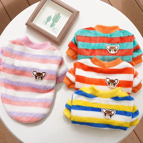 Maglione Per Animali Inverno Caldo Righe Flanella Pile Abbigliamento Cani Ricamo Patch Gatto Cucciolo Completi Comodi