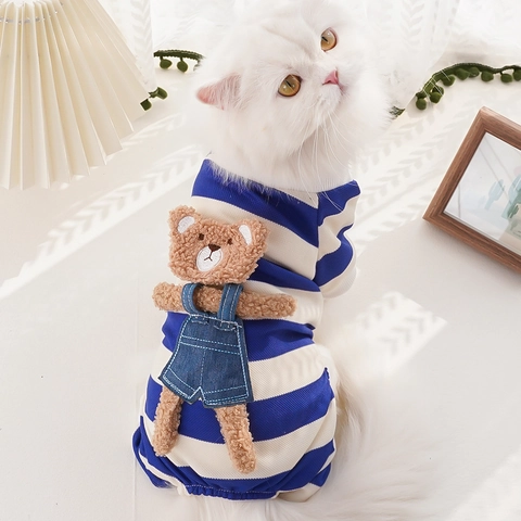Pet Bodysuit Striped Jumpsuit With 3D Plush Bear Soft Knitted Cotton Pajamas For Small Medium Dogs Cats