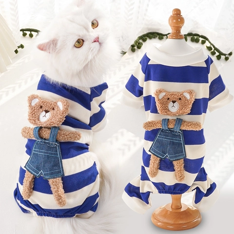 Pet Bodysuit Striped Jumpsuit With 3D Plush Bear Soft Knitted Cotton Pajamas For Small Medium Dogs Cats