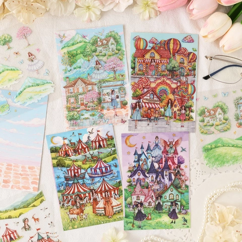 Dromerig Sprookje DIY Micro Landschap PET Stickers Voor Scrapbooking Journal Decoratieve Waterbestendige Aquarel Stickers Set