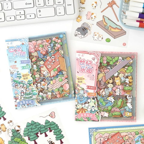 Kawaii Scenery Stickers PET Waterproof DIY Scrapbooking Decoration Kids Cute Cartoon Characters Buildings Background Cards